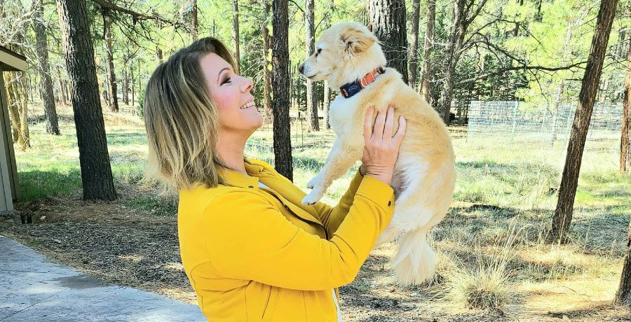 A woman holding a small dog